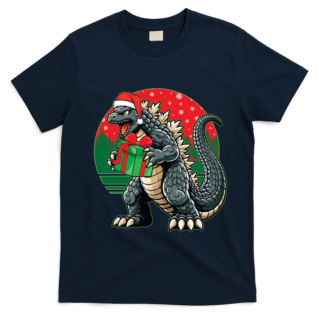 Cool Christmas Santa Japanese Monster Kaiju T-Shirt - Navy Blue