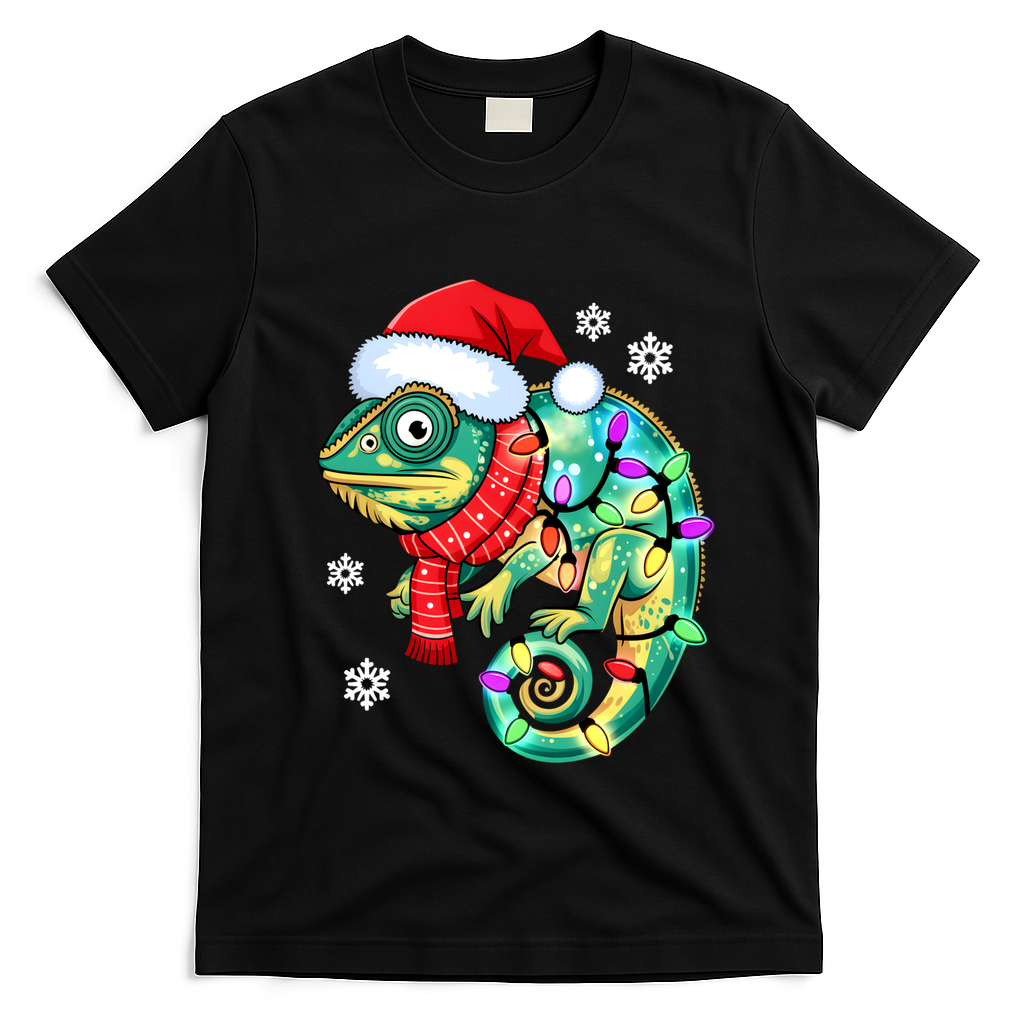 Chameleon Christmas Santa Hat Animal Lover Xmas Light Cool Gift T-Shirt - Black