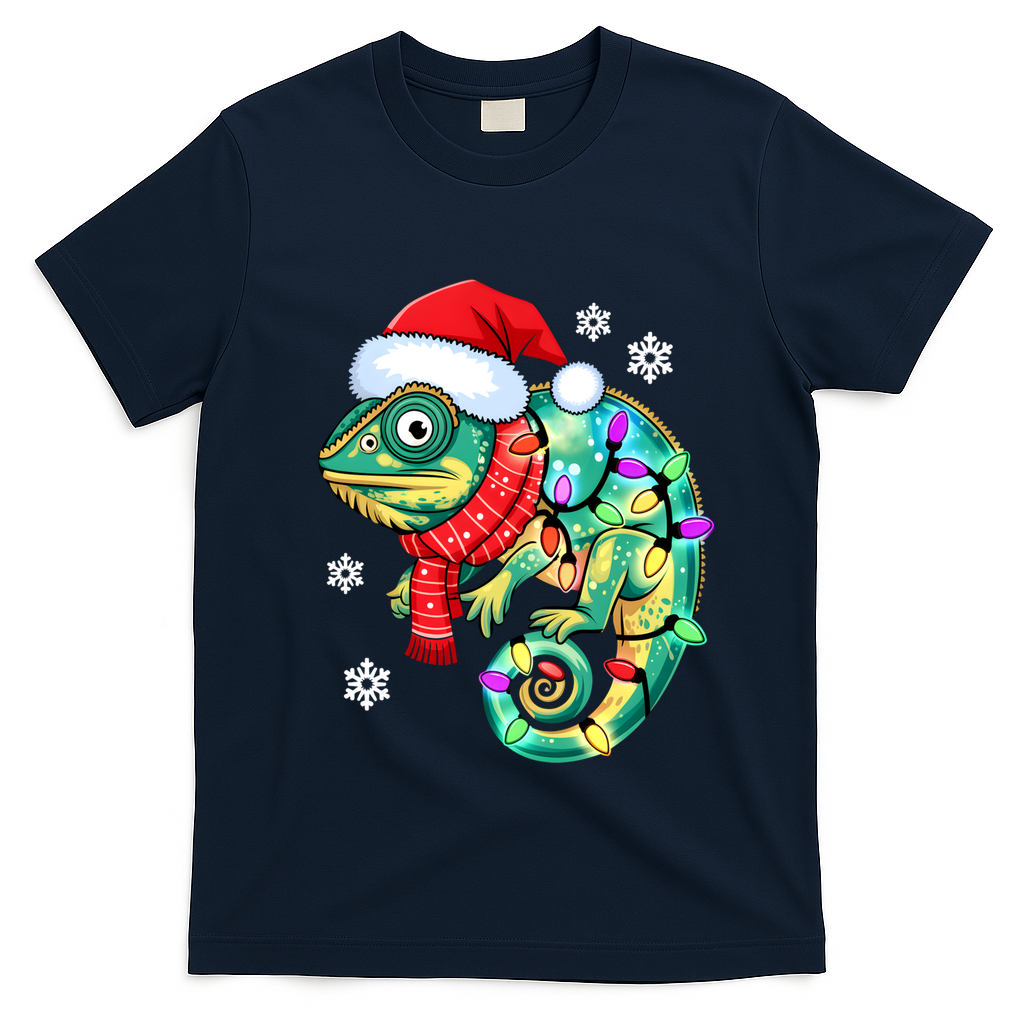 Chameleon Christmas Santa Hat Animal Lover Xmas Light Cool Gift T-Shirt - Navy Blue
