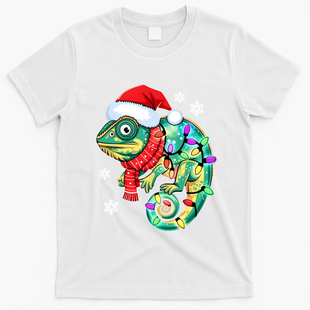 Chameleon Christmas Santa Hat Animal Lover Xmas Light Cool Gift T-Shirt - White