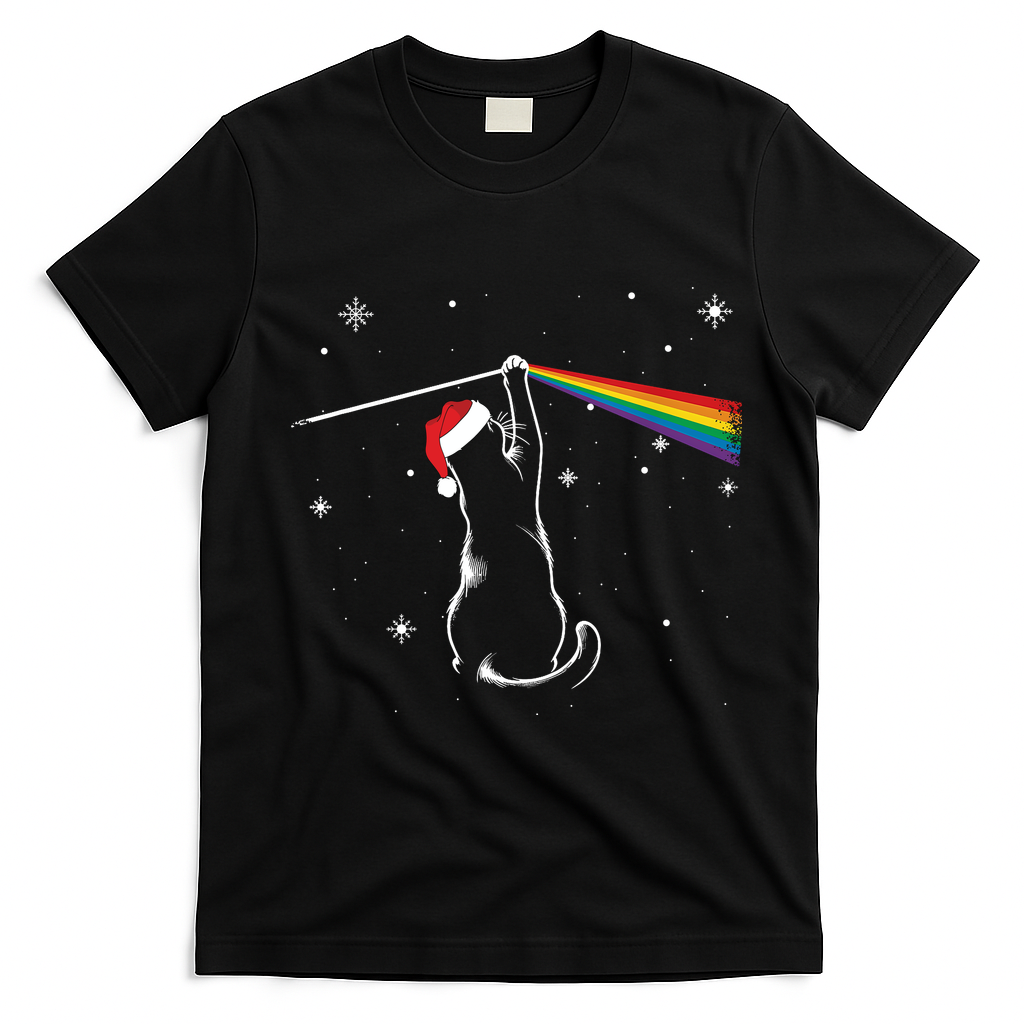 Christmas Cat The Dark Side Of The Moon Funny Lover Xmas T-Shirt - Black