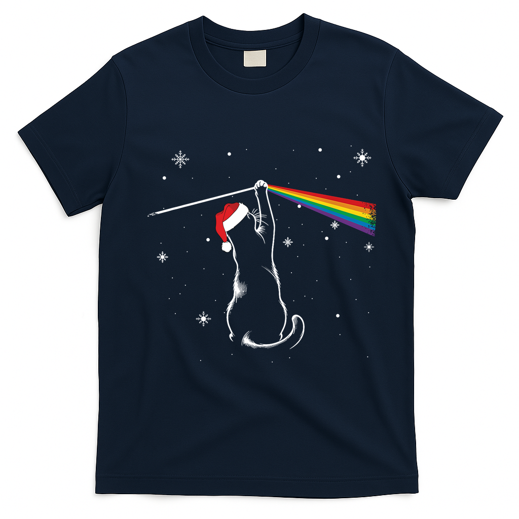 Christmas Cat The Dark Side Of The Moon Funny Lover Xmas T-Shirt - Navy Blue
