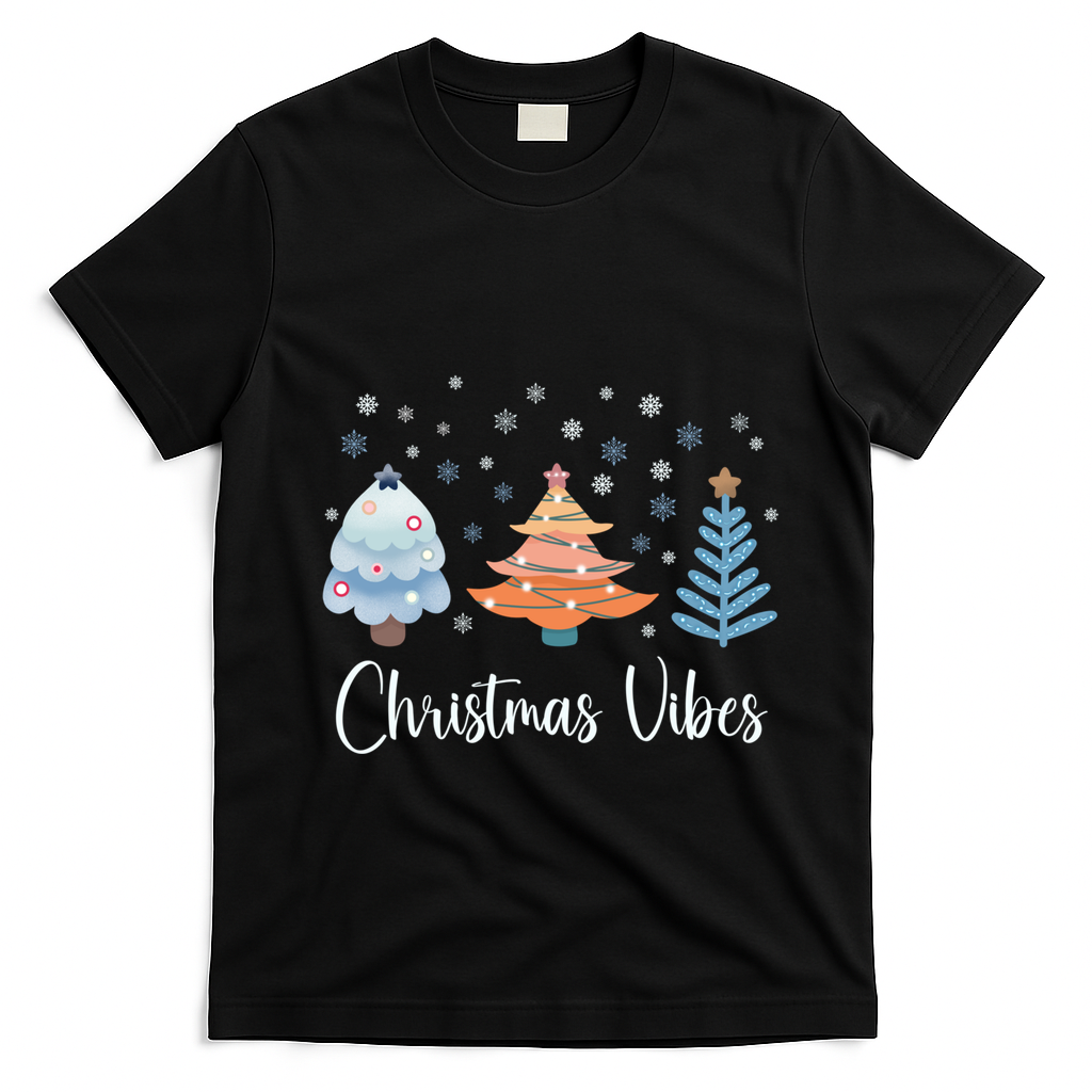 Cute Christmas Vibes Holiday Snow Tree Design Funny Gift T-Shirt - Black