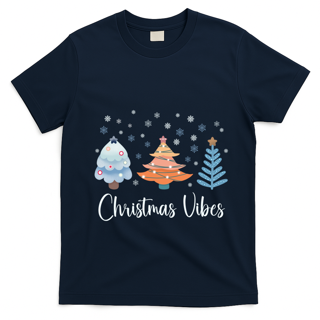 Cute Christmas Vibes Holiday Snow Tree Design Funny Gift T-Shirt - Navy Blue