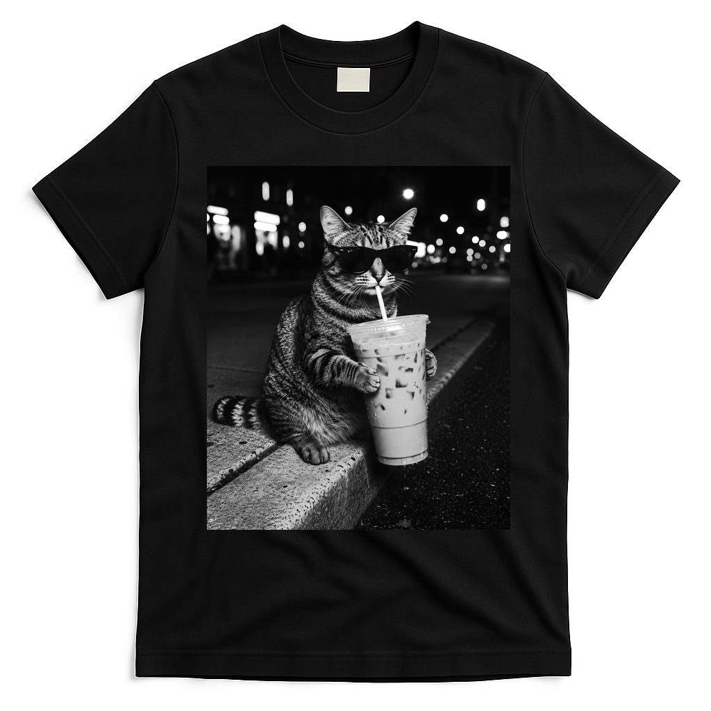Cool Cat with Iced Coffee Sunglasses Fan Art T-Shirt - Black