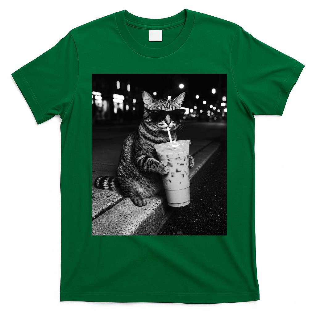 Cool Cat with Iced Coffee Sunglasses Fan Art T-Shirt - Irish Green