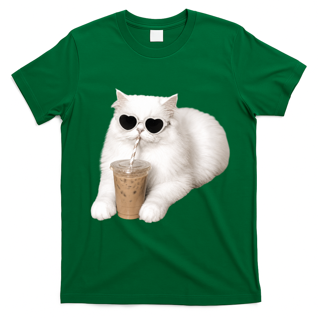 Cool Cat with Heart Sunglasses and Iced Coffee T-Shirt - Irish Green