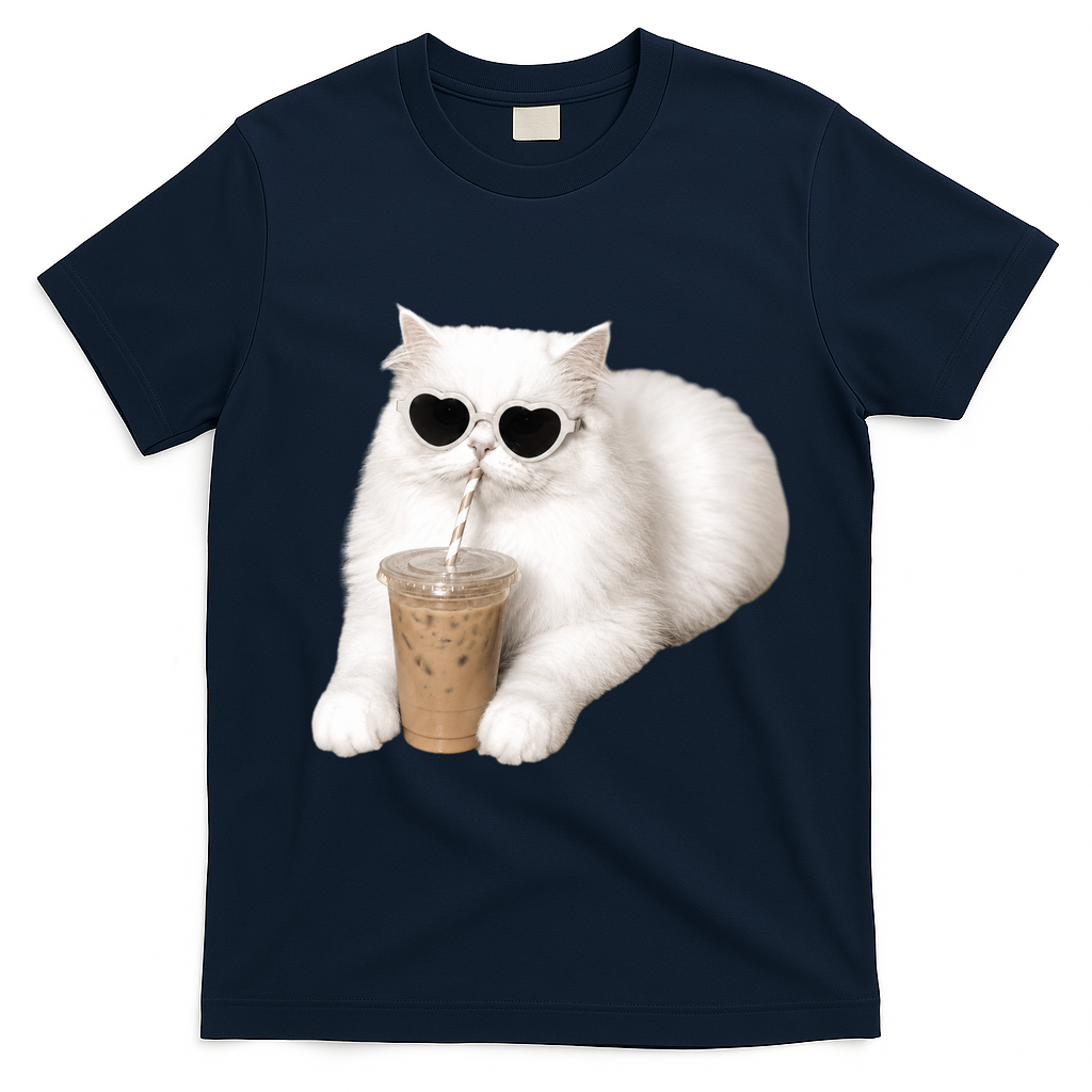 Cool Cat with Heart Sunglasses and Iced Coffee T-Shirt - Navy Blue