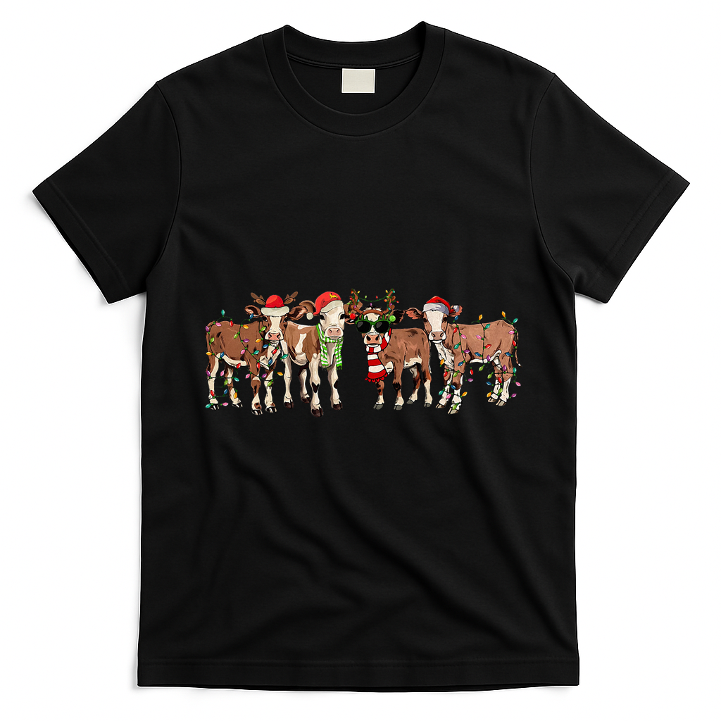Christmas Cow Western Xmas Lights Holiday Pajamas Cow Lover T-Shirt - Black