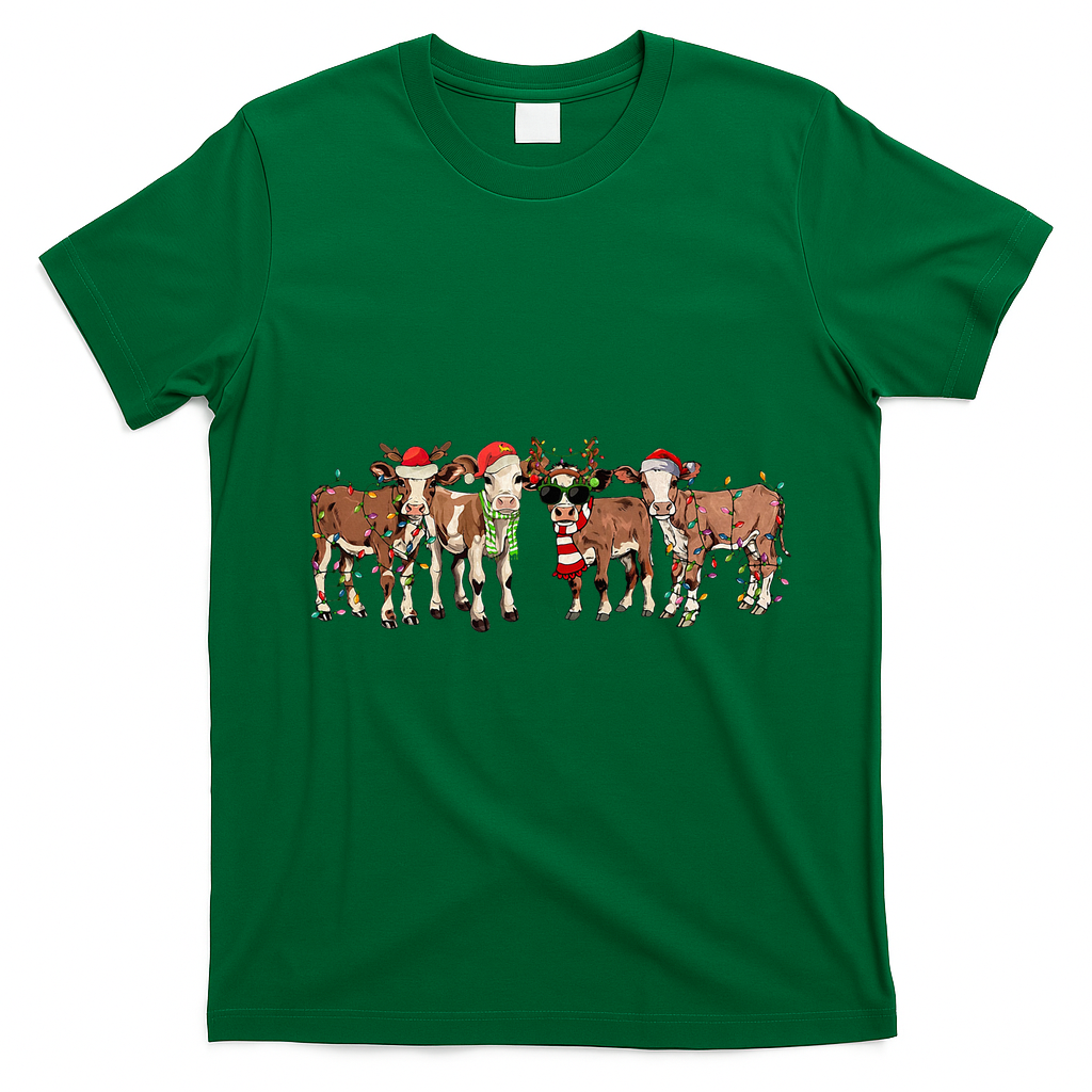 Christmas Cow Western Xmas Lights Holiday Pajamas Cow Lover T-Shirt - Irish Green
