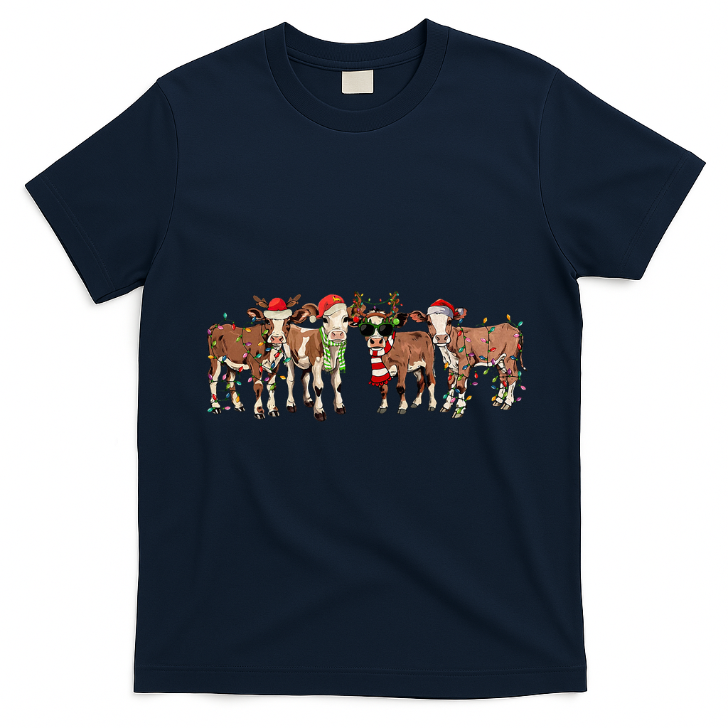 Christmas Cow Western Xmas Lights Holiday Pajamas Cow Lover T-Shirt - Navy Blue