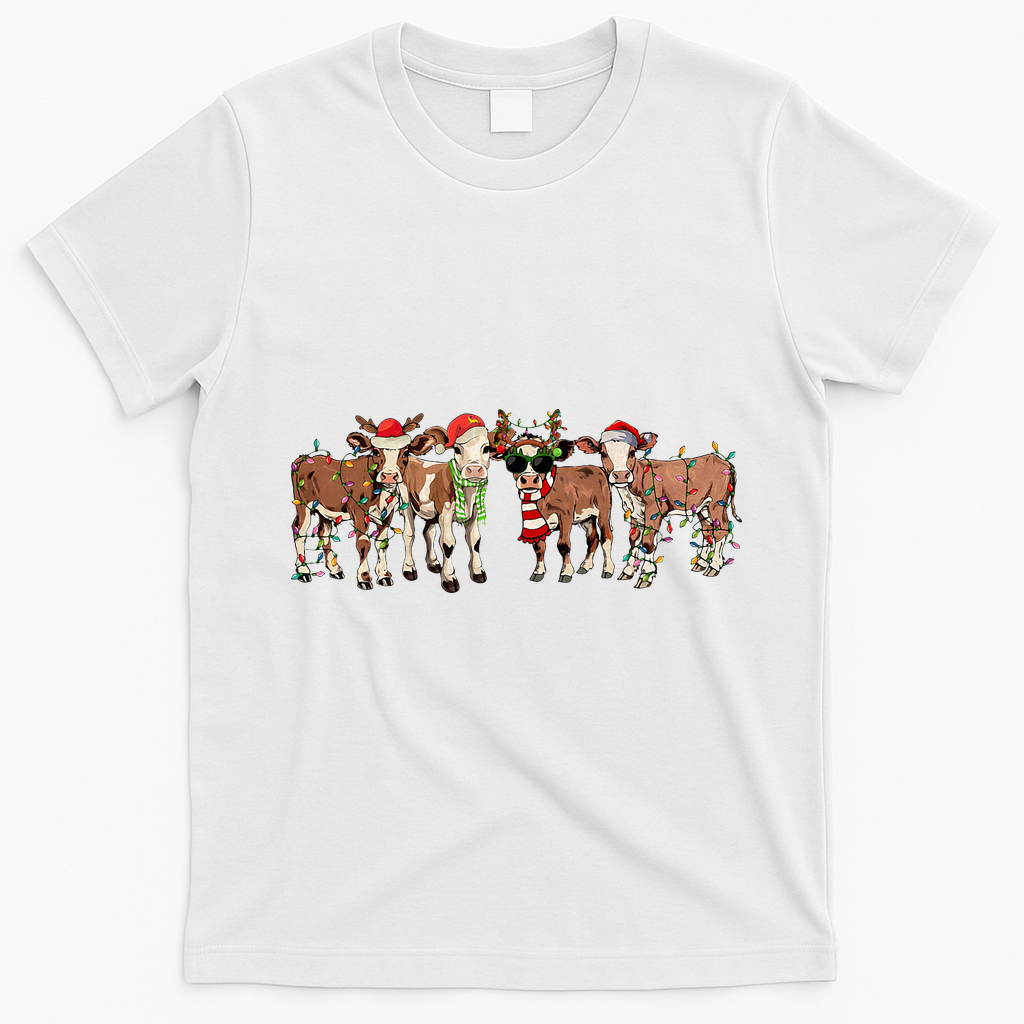 Christmas Cow Western Xmas Lights Holiday Pajamas Cow Lover T-Shirt - White