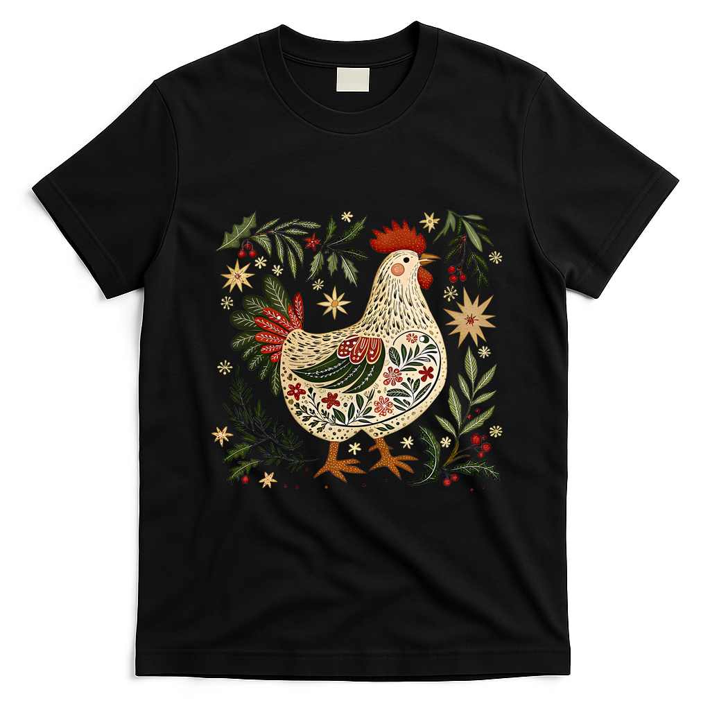 Christmas Chicken Western Floral T-Shirt - Black