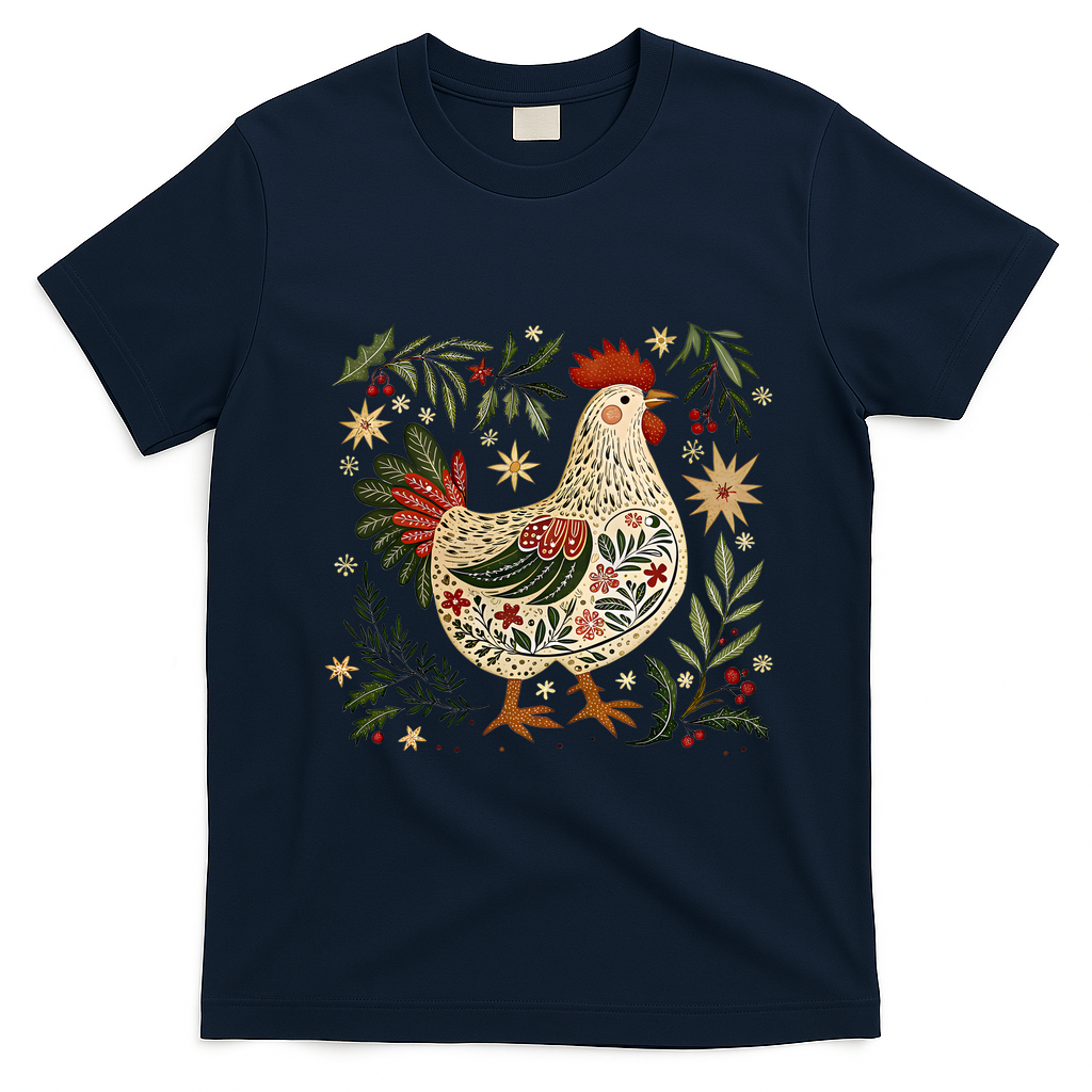 Christmas Chicken Western Floral T-Shirt - Navy Blue