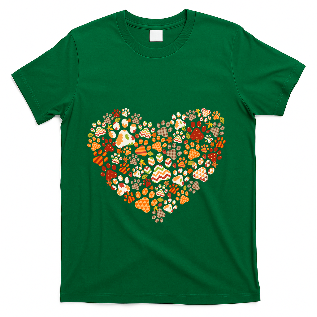 Cute Dog Cat Paw Print Pumpkin Autumn Leaf Fall Thanksgiving T-Shirt - Green