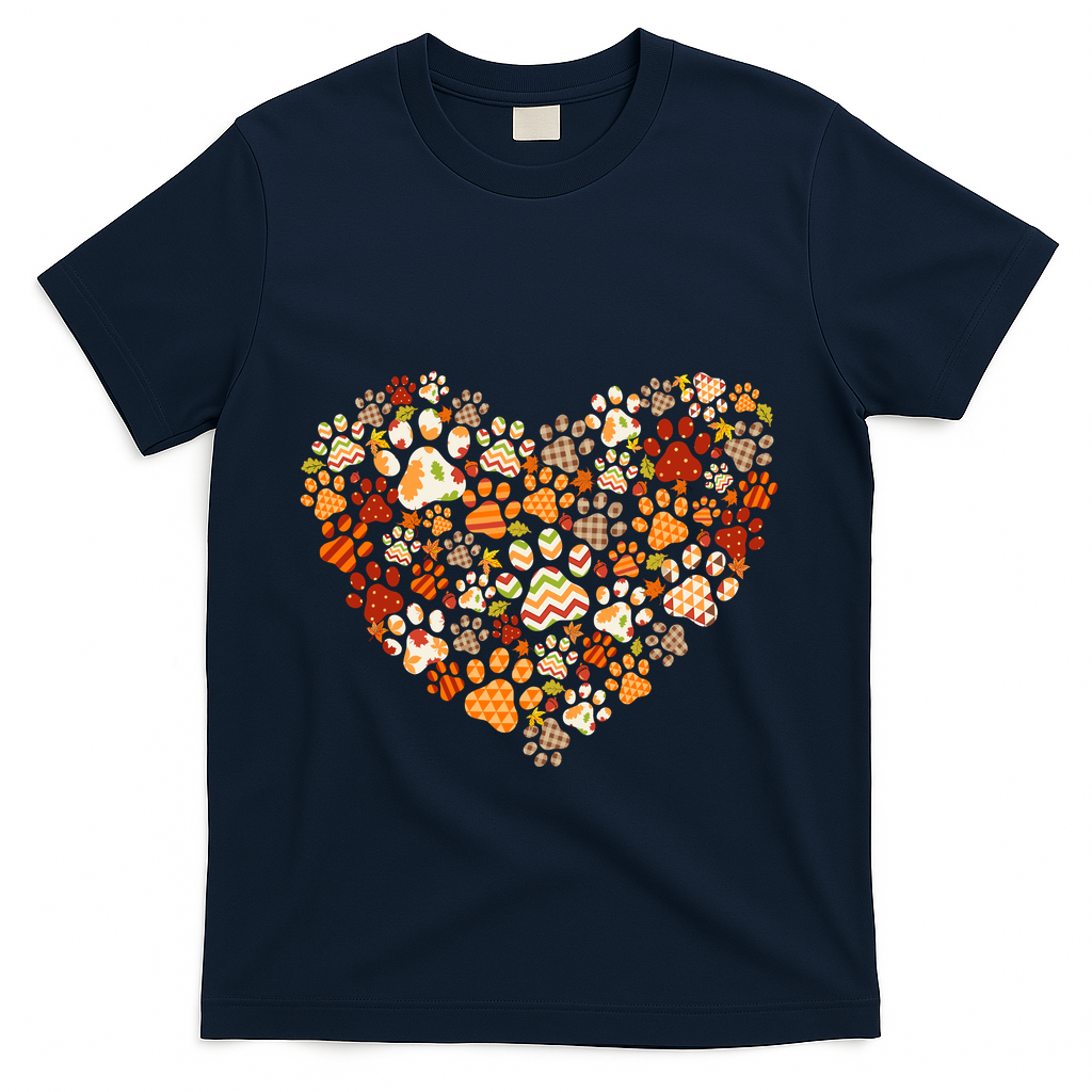 Cute Dog Cat Paw Print Pumpkin Autumn Leaf Fall Thanksgiving T-Shirt - Navy