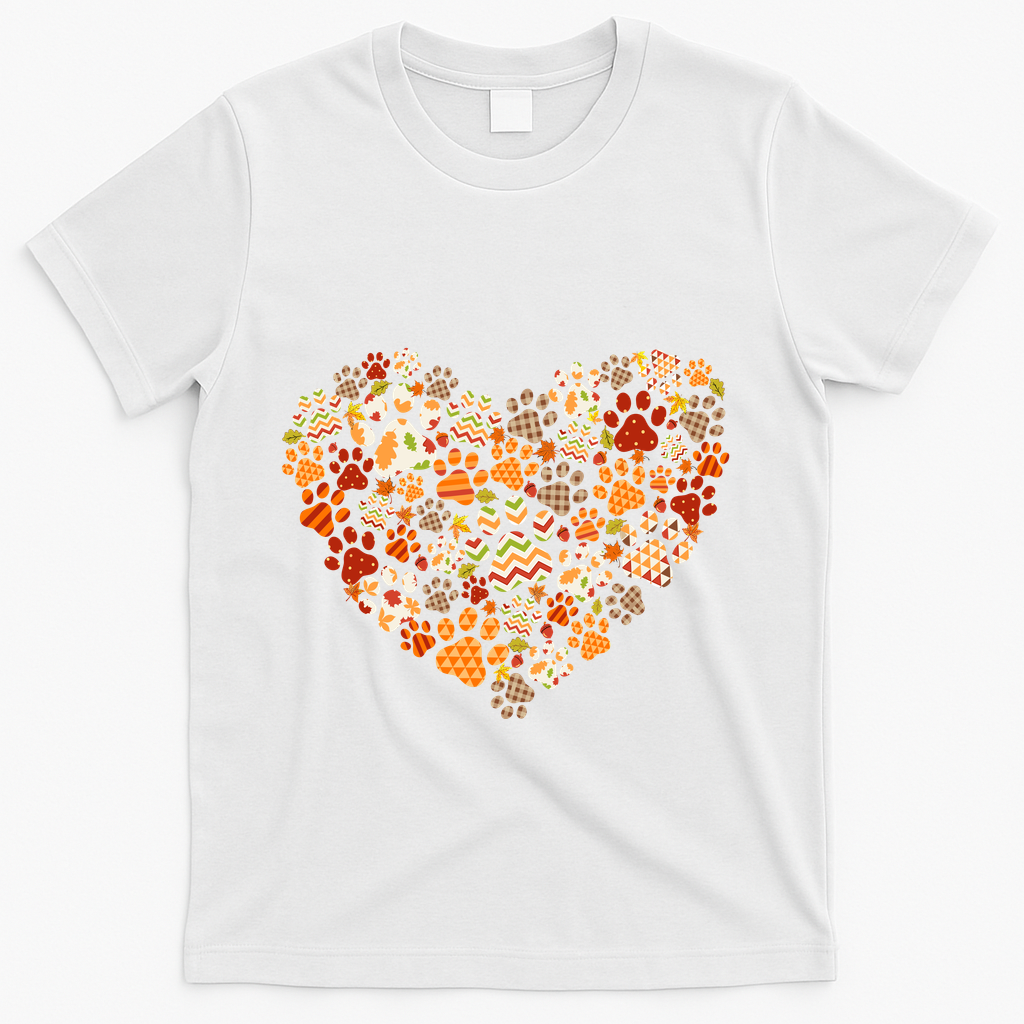 Cute Dog Cat Paw Print Pumpkin Autumn Leaf Fall Thanksgiving T-Shirt - White