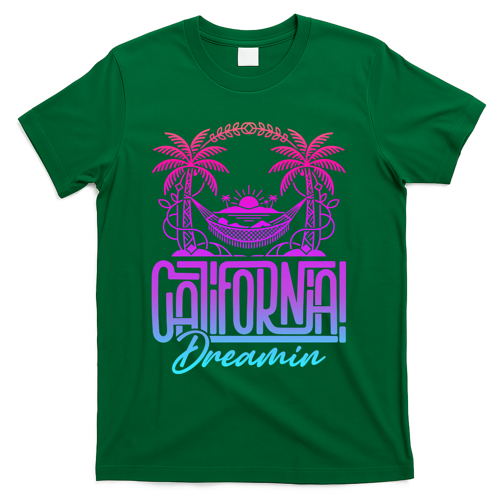 California Dreamin Colorful 1990s Retro T-Shirt - Green
