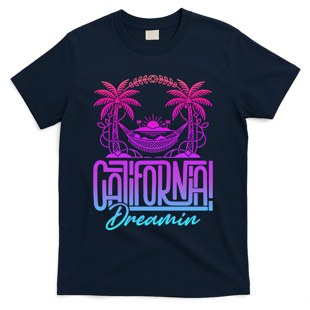 California Dreamin Colorful 1990s Retro T-Shirt - Navy