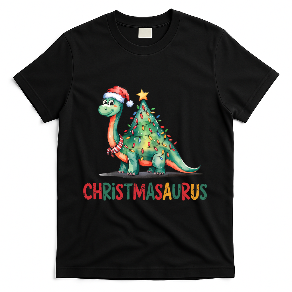 Chrismasaurus Dinosaur Christmas Tree Cute T-Shirt - Black