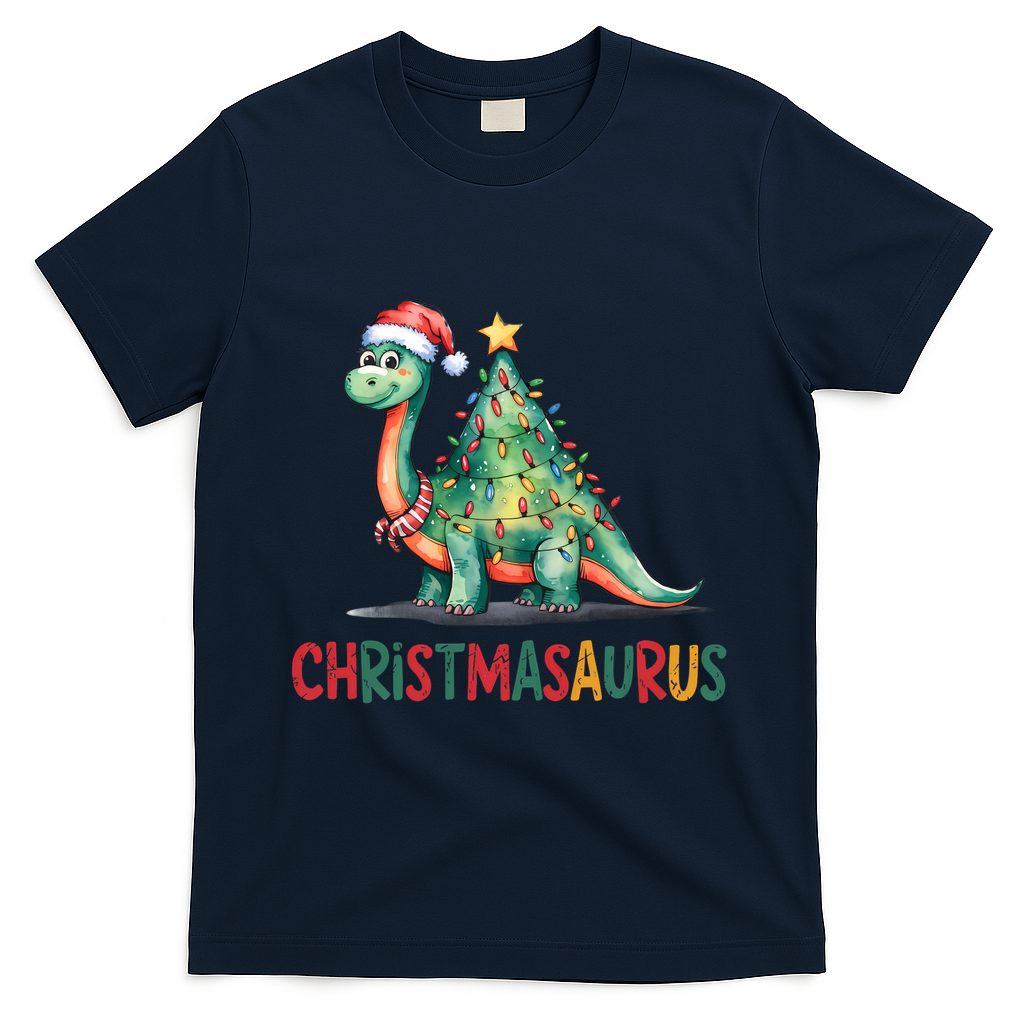 Chrismasaurus Dinosaur Christmas Tree Cute T-Shirt - Navy Blue