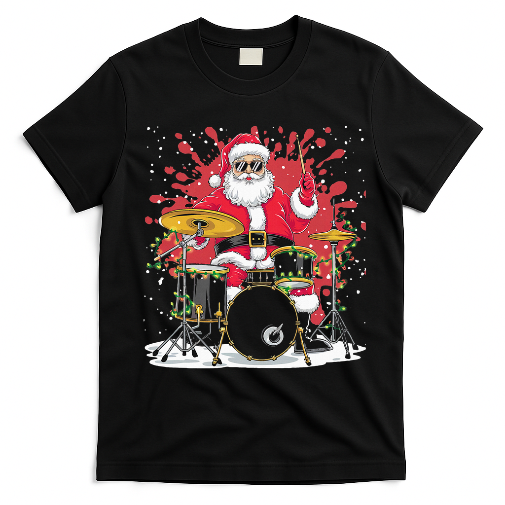 Christmas Drummer Funny Santa Claus On Drums For Music Lover T-Shirt - Black