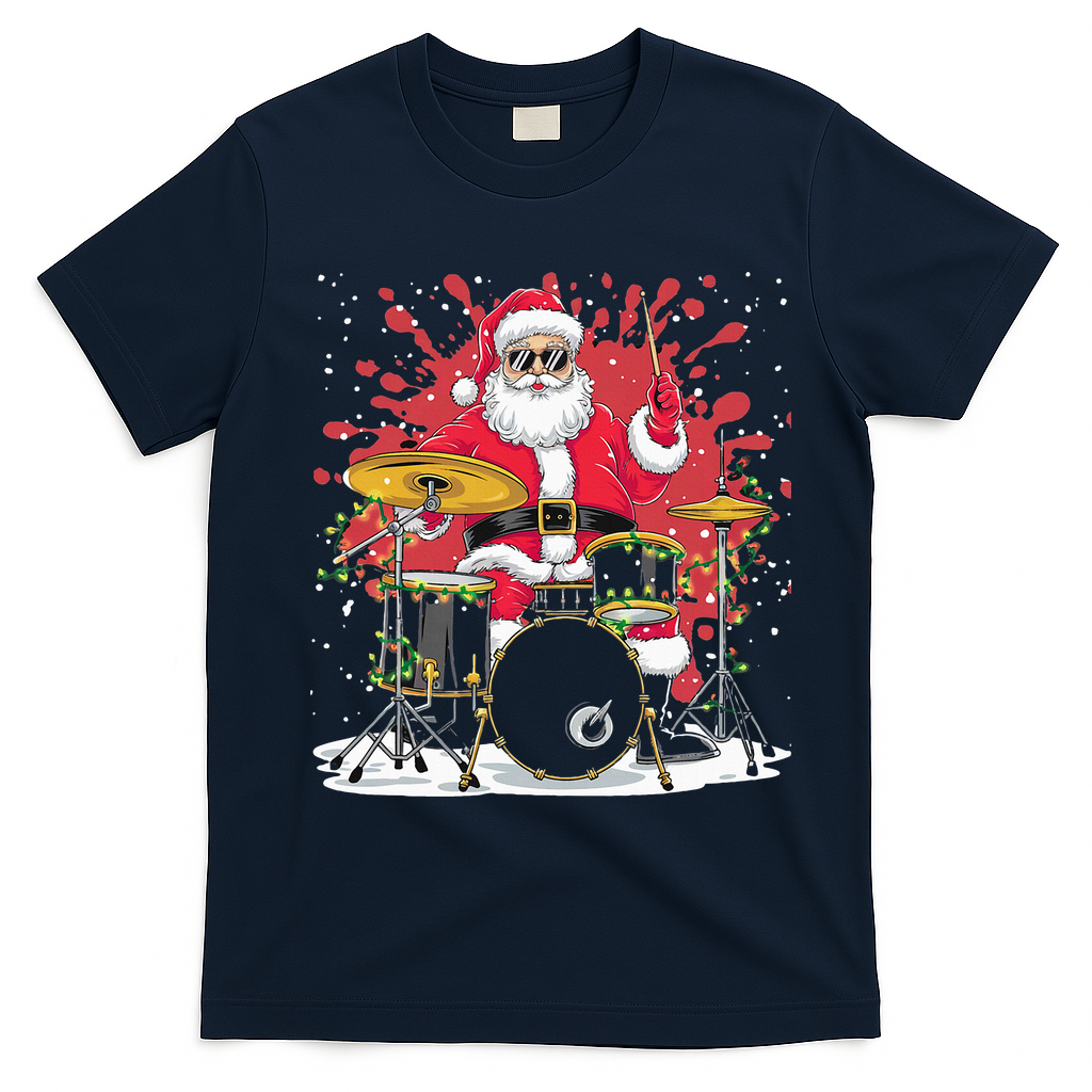 Christmas Drummer Funny Santa Claus On Drums For Music Lover T-Shirt - Navy Blue