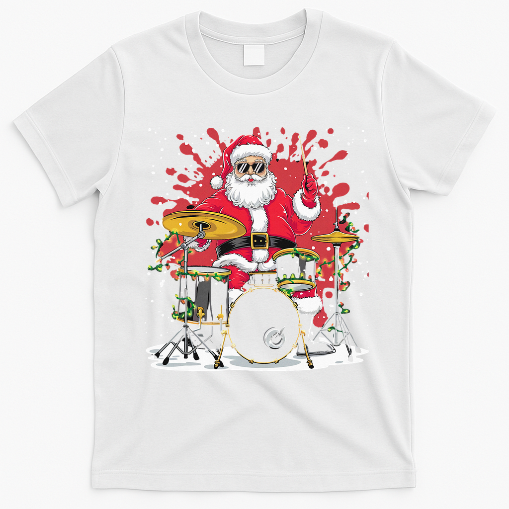 Christmas Drummer Funny Santa Claus On Drums For Music Lover T-Shirt - White