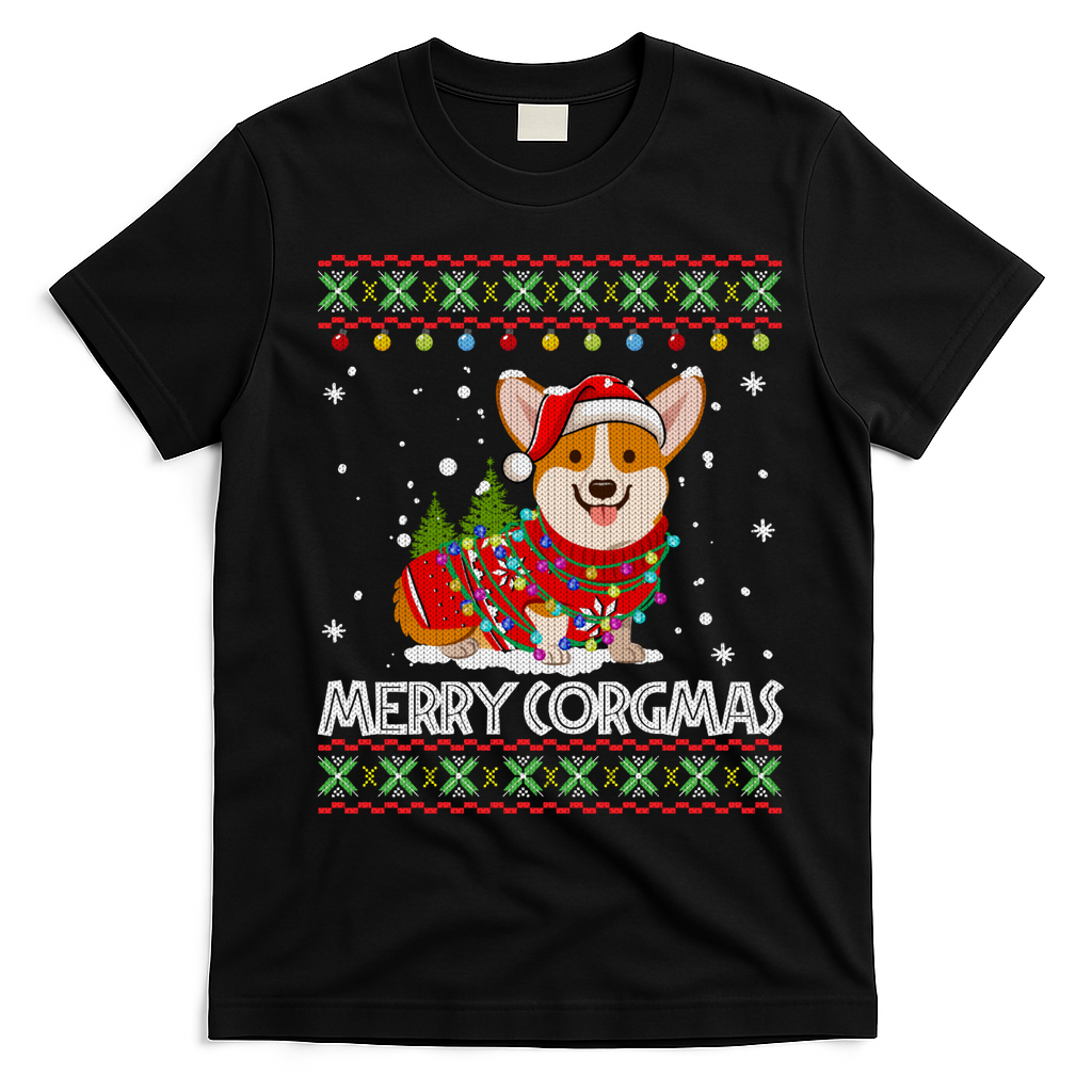 Corgi Dog Merry Corgmas Santa Corgi Ugly Christmas T-Shirt - Black