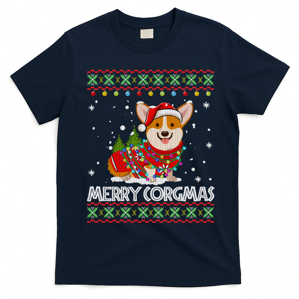 Corgi Dog Merry Corgmas Santa Corgi Ugly Christmas T-Shirt - Navy Blue