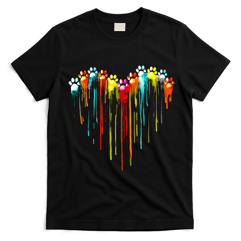 Colorful Dog Paw Heart Print Gift T-Shirt - Black
