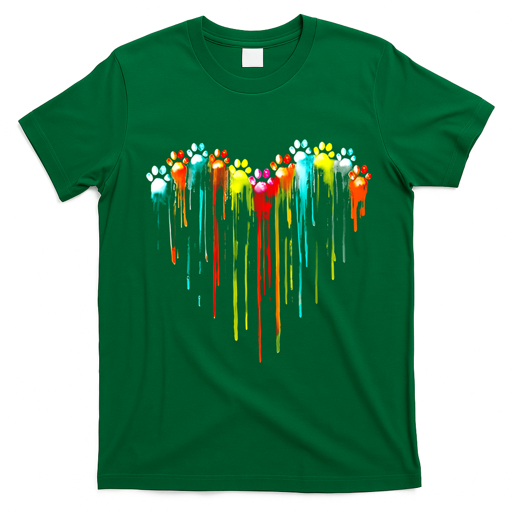 Colorful Dog Paw Heart Print Gift T-Shirt - Irish Green