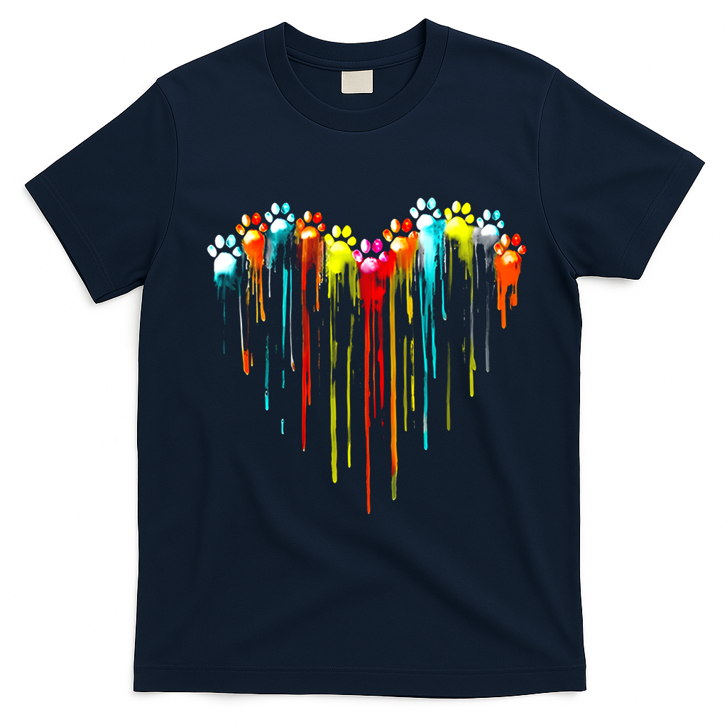 Colorful Dog Paw Heart Print Gift T-Shirt - Navy Blue