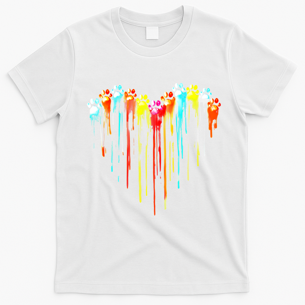 Colorful Dog Paw Heart Print Gift T-Shirt - White