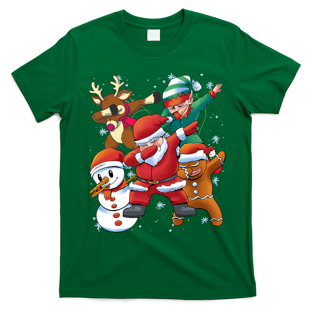 Christmas Dabbing Santa Elf Deer Gingerbread Man & Snowman T-Shirt - Irish Green