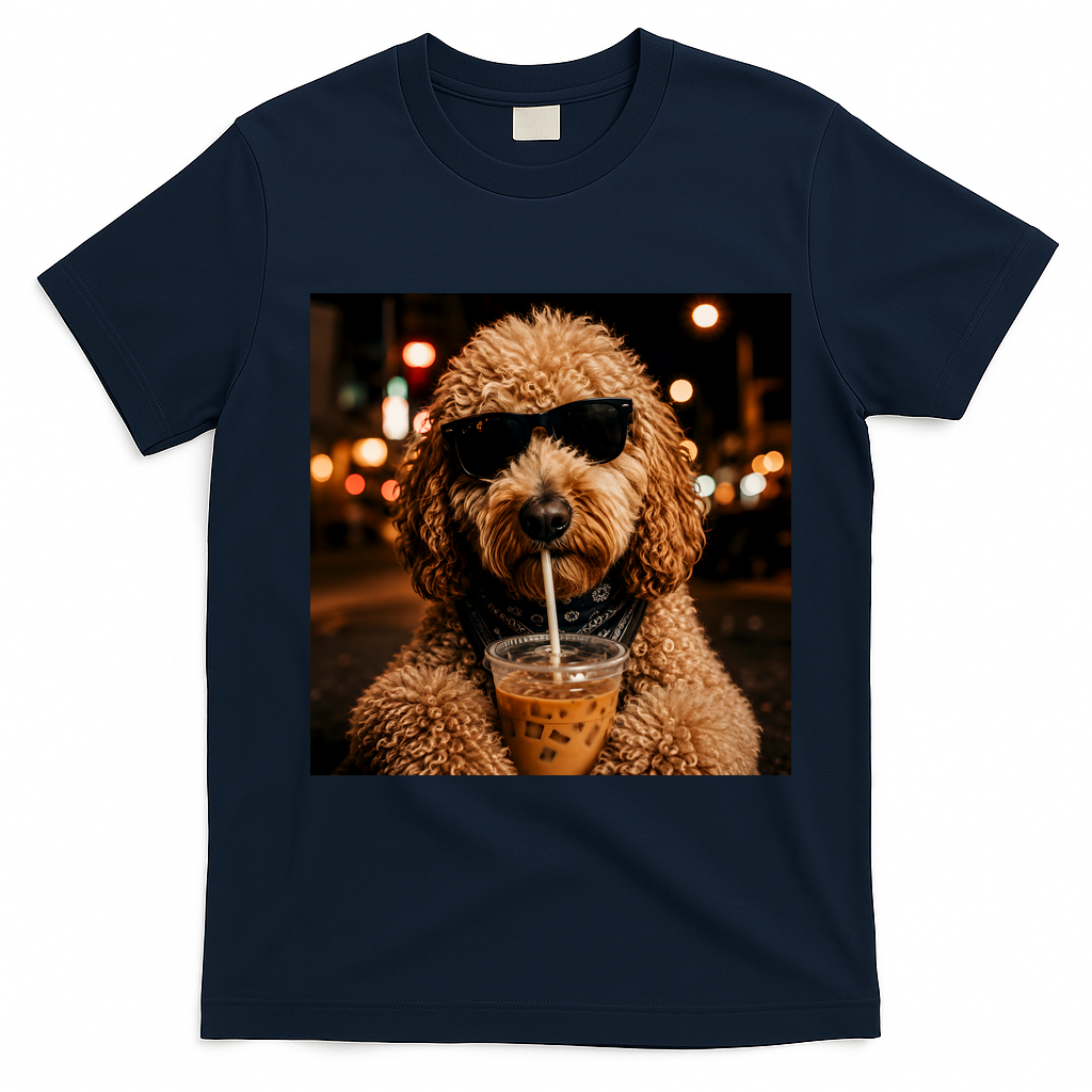 Cool Dog Sipping Iced Coffee with Sunglasses T-Shirt - Navy Blue