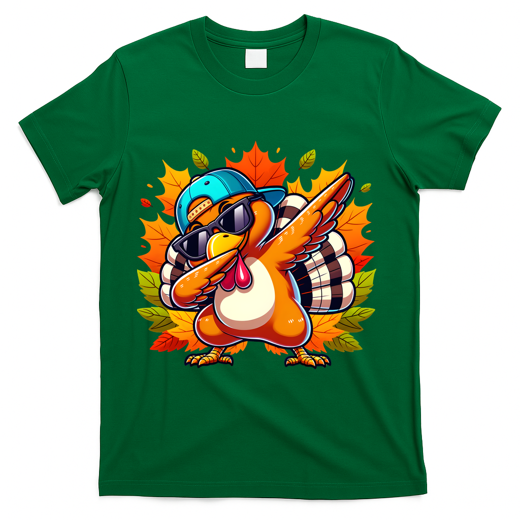 Cute Dabbing Thanksgiving Turkey Fall Vibes T-Shirt - Green