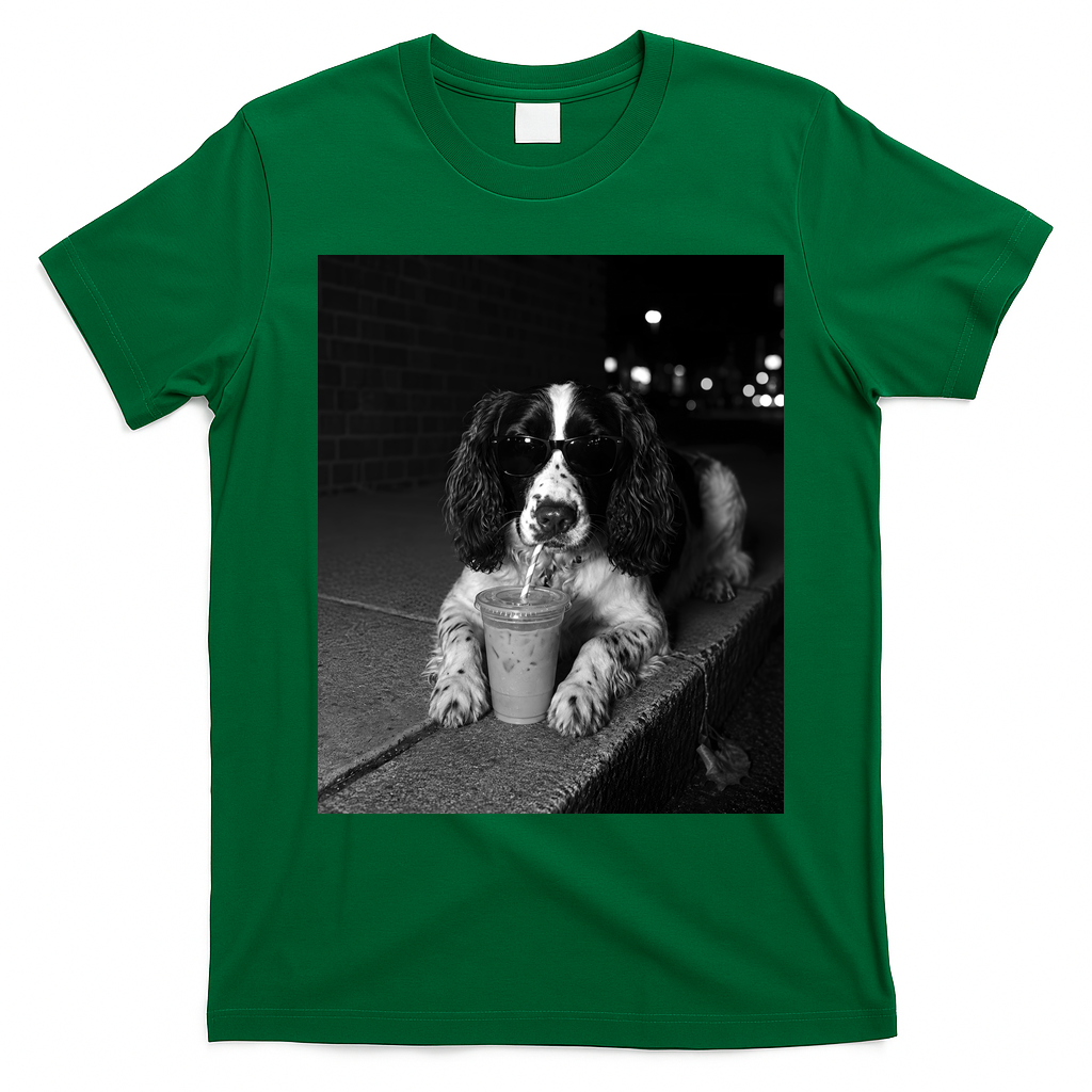 Cool Dog with Sunglasses and Iced Coffee Vibes T-Shirt - Irish Green