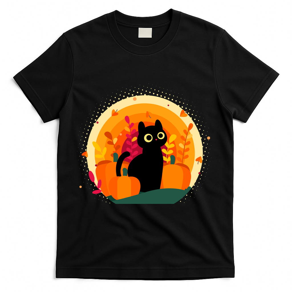 Cute Fall Autumn Lover Black Cat And Pumpkins T-Shirt - Black