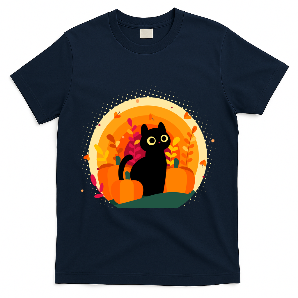 Cute Fall Autumn Lover Black Cat And Pumpkins T-Shirt - Navy