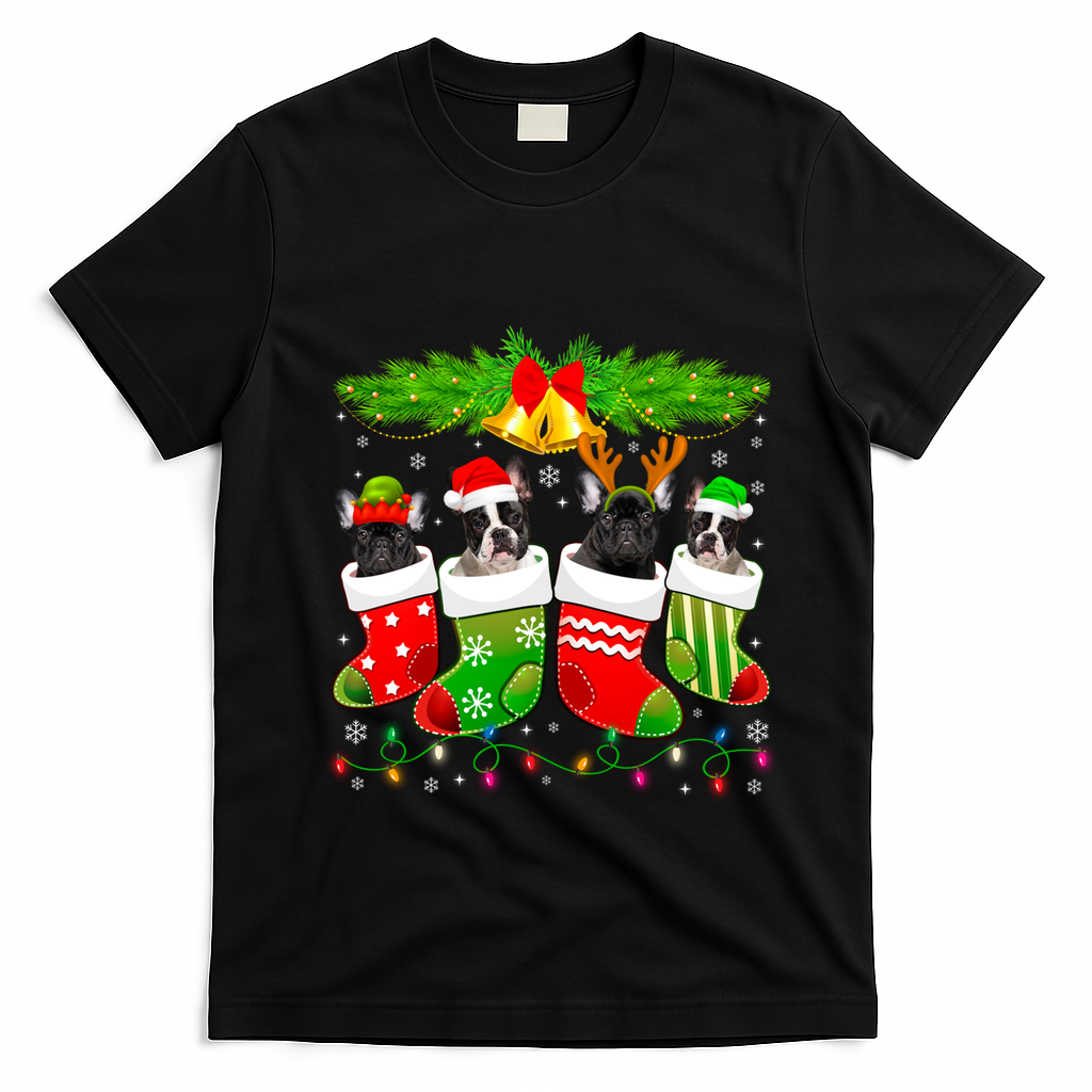 Cute French Bulldog Dog In Sock Christmas Santa Xmas Dog Cool Gift T-Shirt - Black