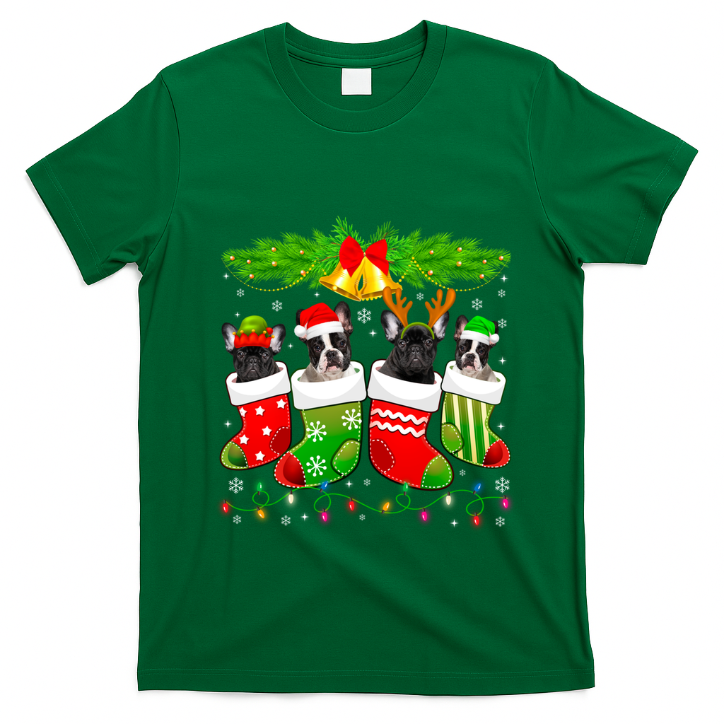 Cute French Bulldog Dog In Sock Christmas Santa Xmas Dog Cool Gift T-Shirt - Irish Green