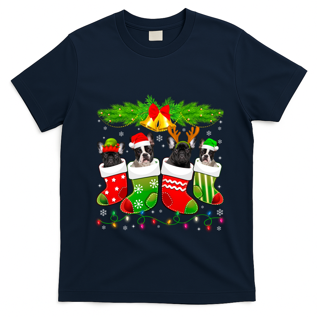 Cute French Bulldog Dog In Sock Christmas Santa Xmas Dog Cool Gift T-Shirt - Navy Blue