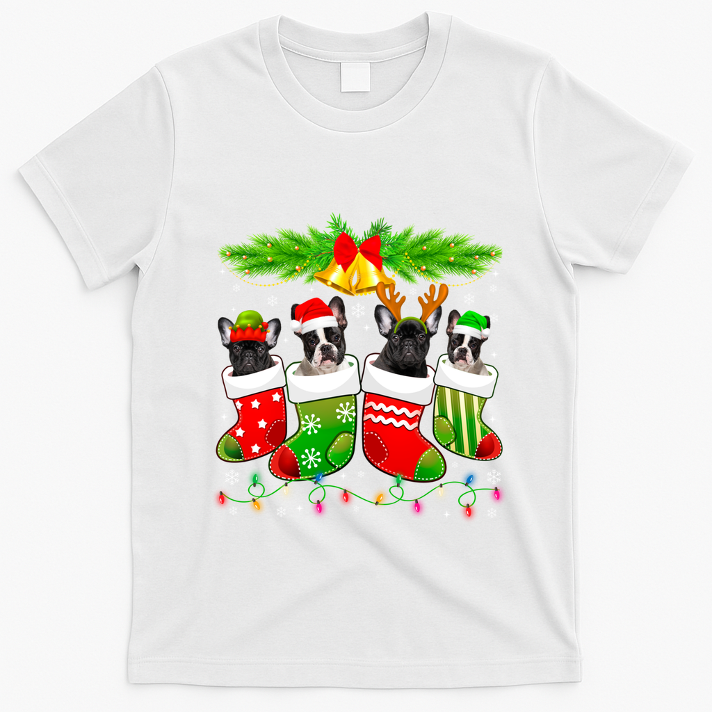 Cute French Bulldog Dog In Sock Christmas Santa Xmas Dog Cool Gift T-Shirt - White