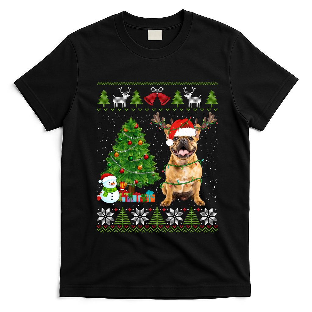 Cute French Bulldog Dog Santa Hat Ugly Xmas Lights Gift T-Shirt - Black