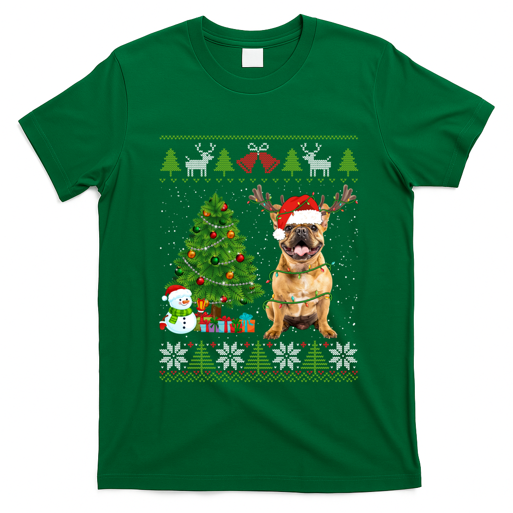 Cute French Bulldog Dog Santa Hat Ugly Xmas Lights Gift T-Shirt - Irish Green
