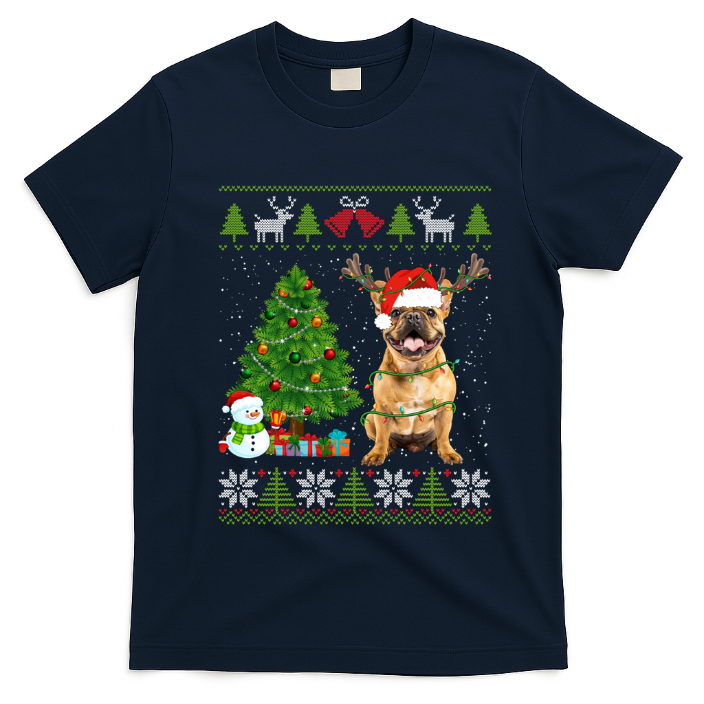 Cute French Bulldog Dog Santa Hat Ugly Xmas Lights Gift T-Shirt - Navy Blue