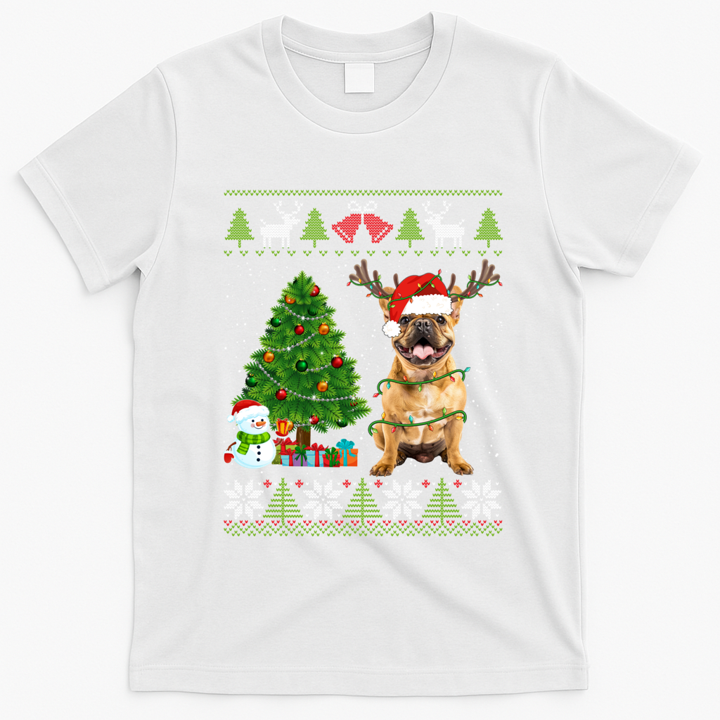 Cute French Bulldog Dog Santa Hat Ugly Xmas Lights Gift T-Shirt - White