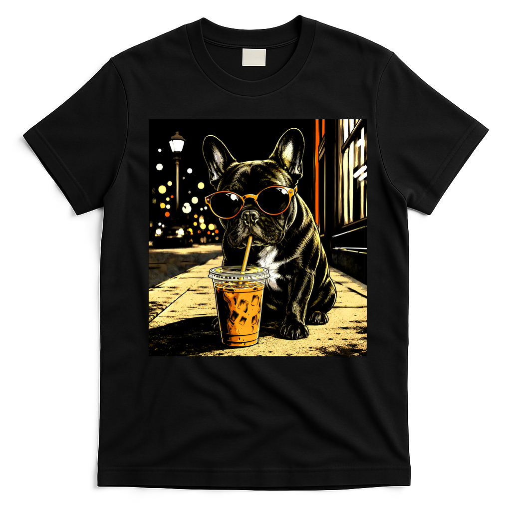 Cool French Bulldog Iced Coffee And Sunglasses T-Shirt - Black