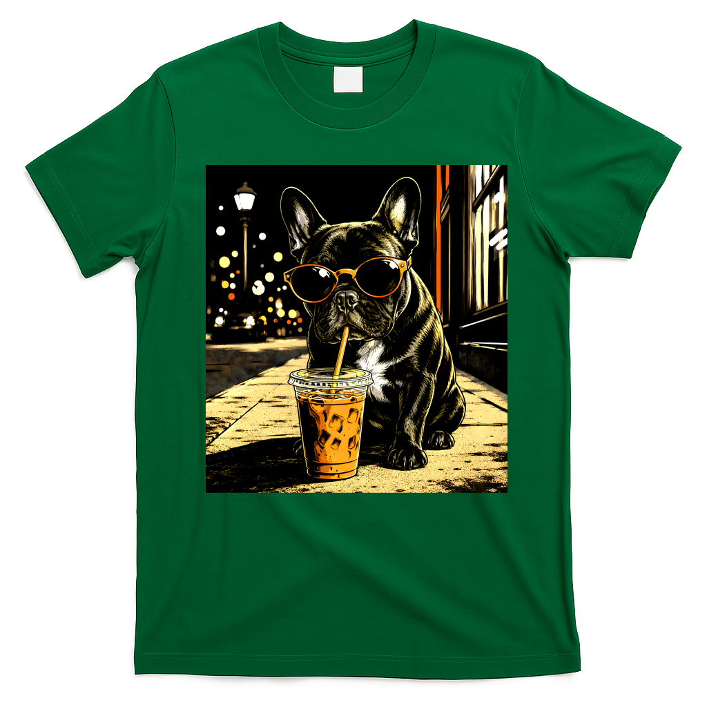 Cool French Bulldog Iced Coffee And Sunglasses T-Shirt - Irish Green